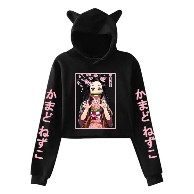 New Fashion Women Girl Hoodie Kamado Nezuko Long Sleeve Cat Ear Streetwear Pullover Harajuku Anime Short Tops