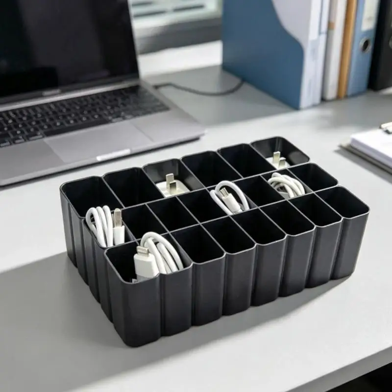 Grid Design Cable Storage Tray Desktop Wire Management Box, Electronic Accessory Organizer Holder for Home Office Desk