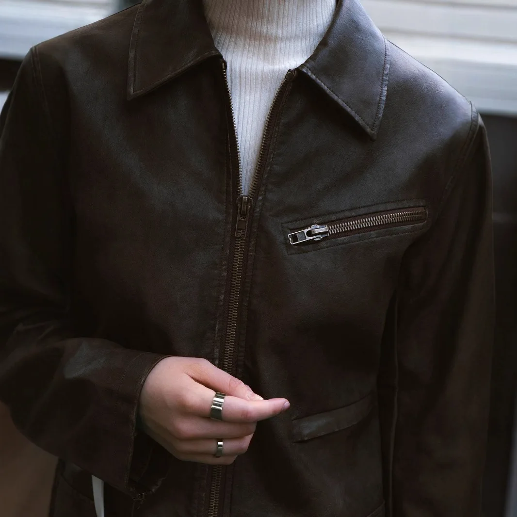 Slim Fit Retro Sle Jaet Damen Faionable Spicy Girl Kragen Stehender dünner Ledermantel für Damen der Herbstsaison