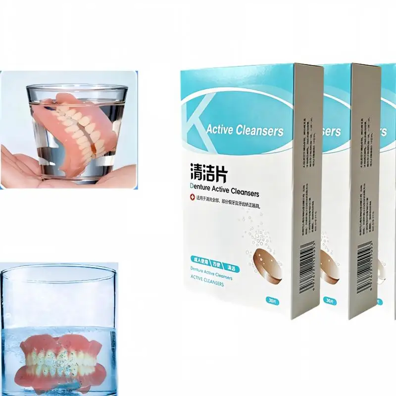 Active Denture Cleanser Tablets for Orthodontic Retainers Mouthguards False Teeth Stain Odor Removal 30 Pcs Pack