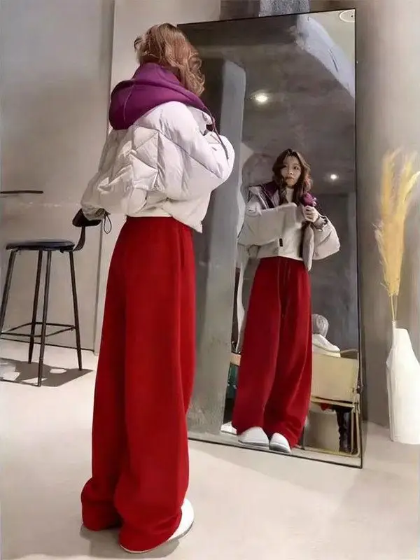 

plus Size Cotton Pants High Waist Wide Leg Lambskin Fleece Women's Autumn Winter Thickened Red Color Casual Trousers