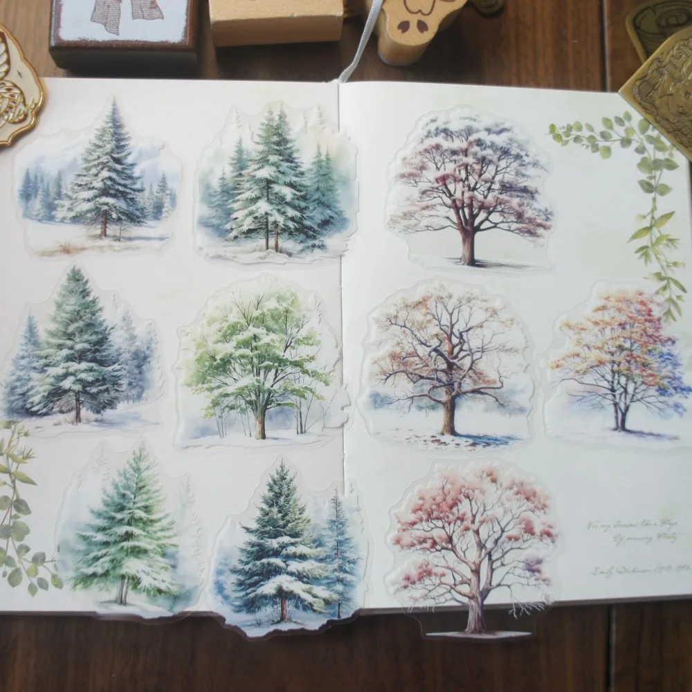 15pcs Christmas Snowy Day Cedar Forest Tree Style PVC Sticker Scrapbooking Background DIY Gift Decoration Tag