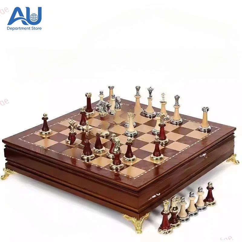 High-end drawer-type chess solid wood chess pieces inlaid with metal chess desktop ornaments