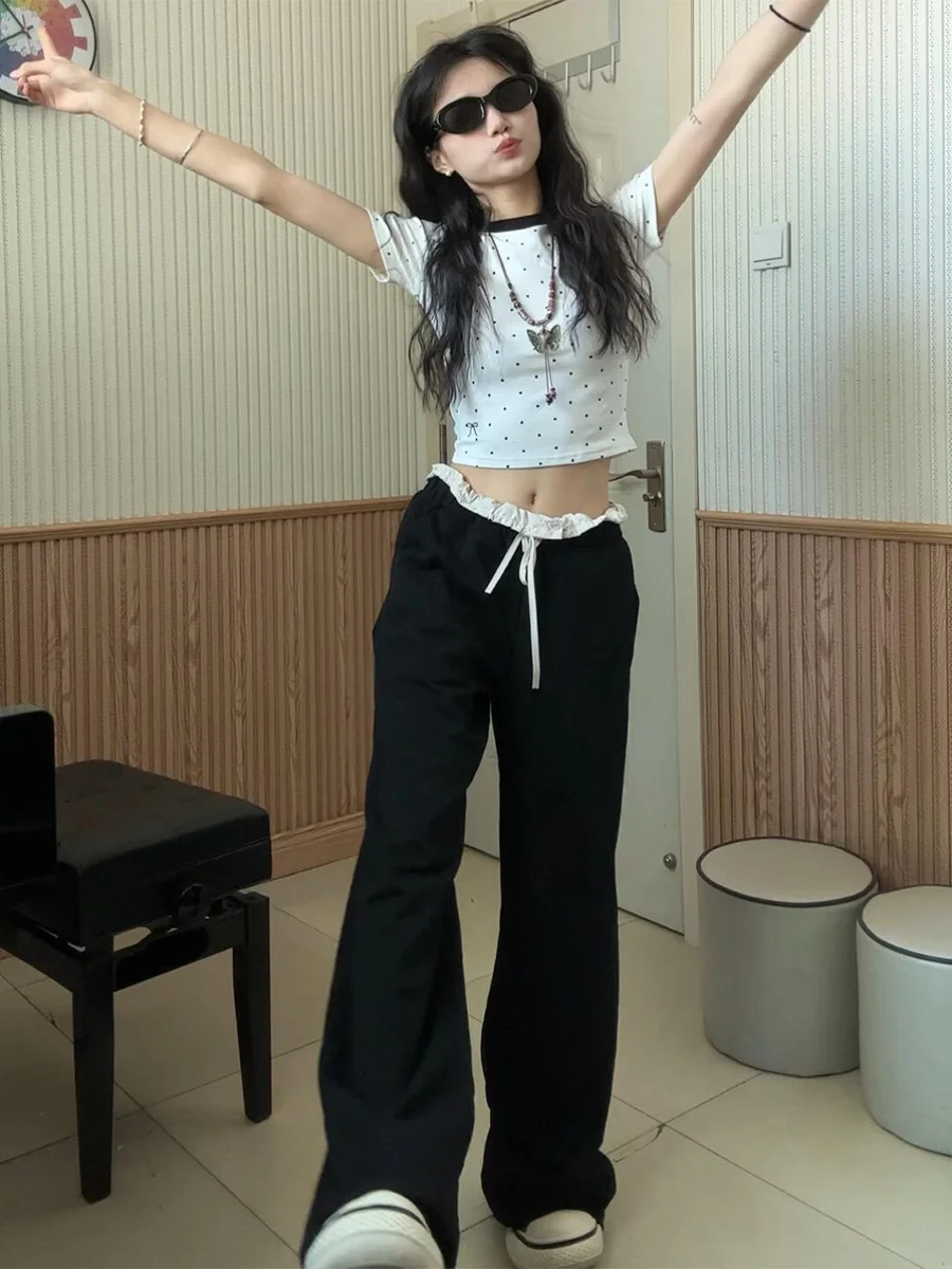 American Style High Waist Loose Fit Drawstring Casual Sport Pants Women Summer New Design Sense Trousers Wide Leg Long Pants