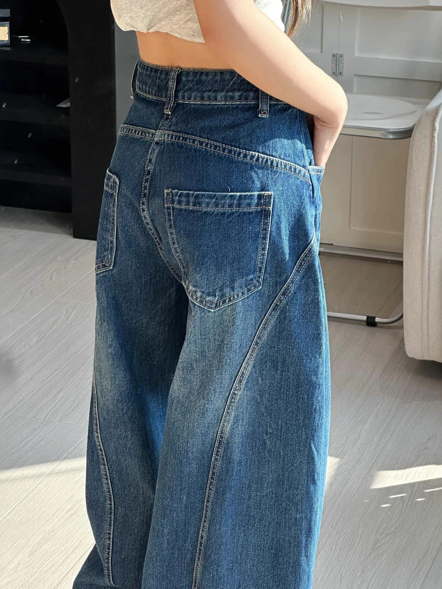 Women's High-Waisted Barrel Jeans Curved Leg Denim Contrast Stitching Vintage Wash Horseshoe Pants S-3XL