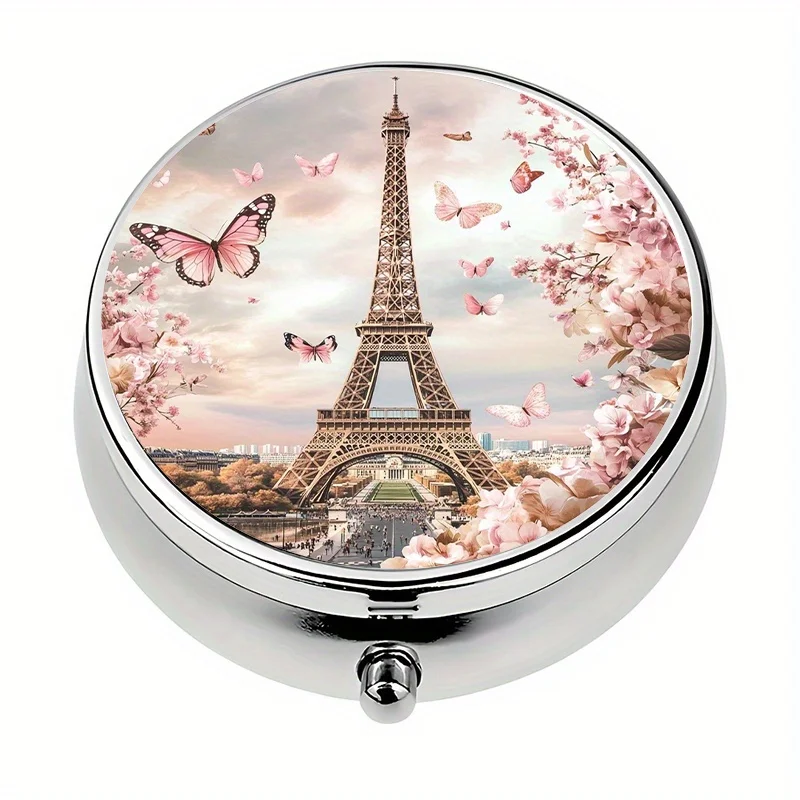 1-piece pill box with 3 compartments, Paris Eiffel Tower themed mini pill box, medication storage box, decorative vitamin storage box, suitable for purse or wallet