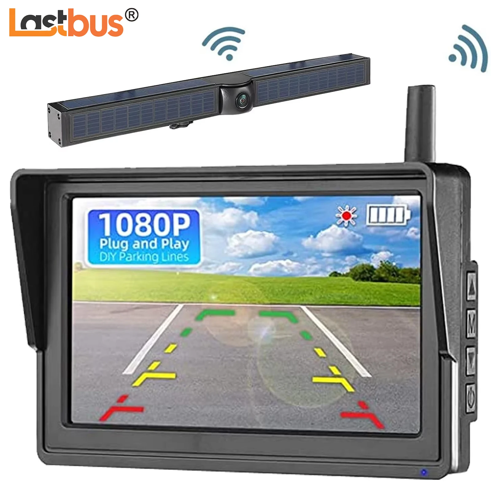 

Lastbus Wireless Solar Backup Camera 100% Waterproof Night Vision + 5'' Car Monitor For RV Truck Bus Trailer Camper