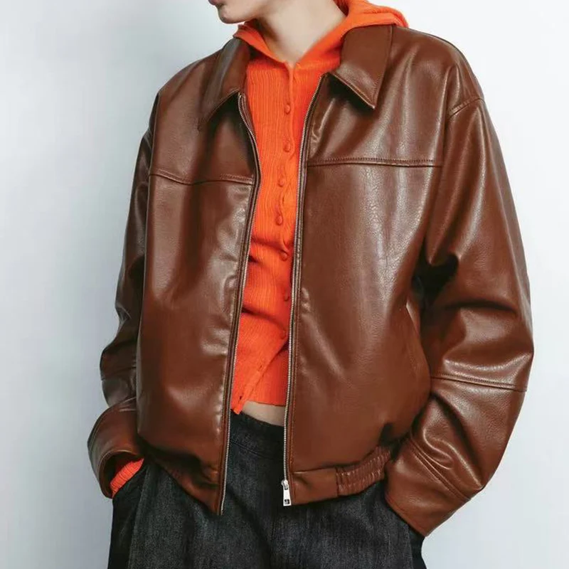 Faionable Pilot Jaet Outerwear Women's Spring New PU Leather Long Sve Street Sle Regular Length Collar Z 439859