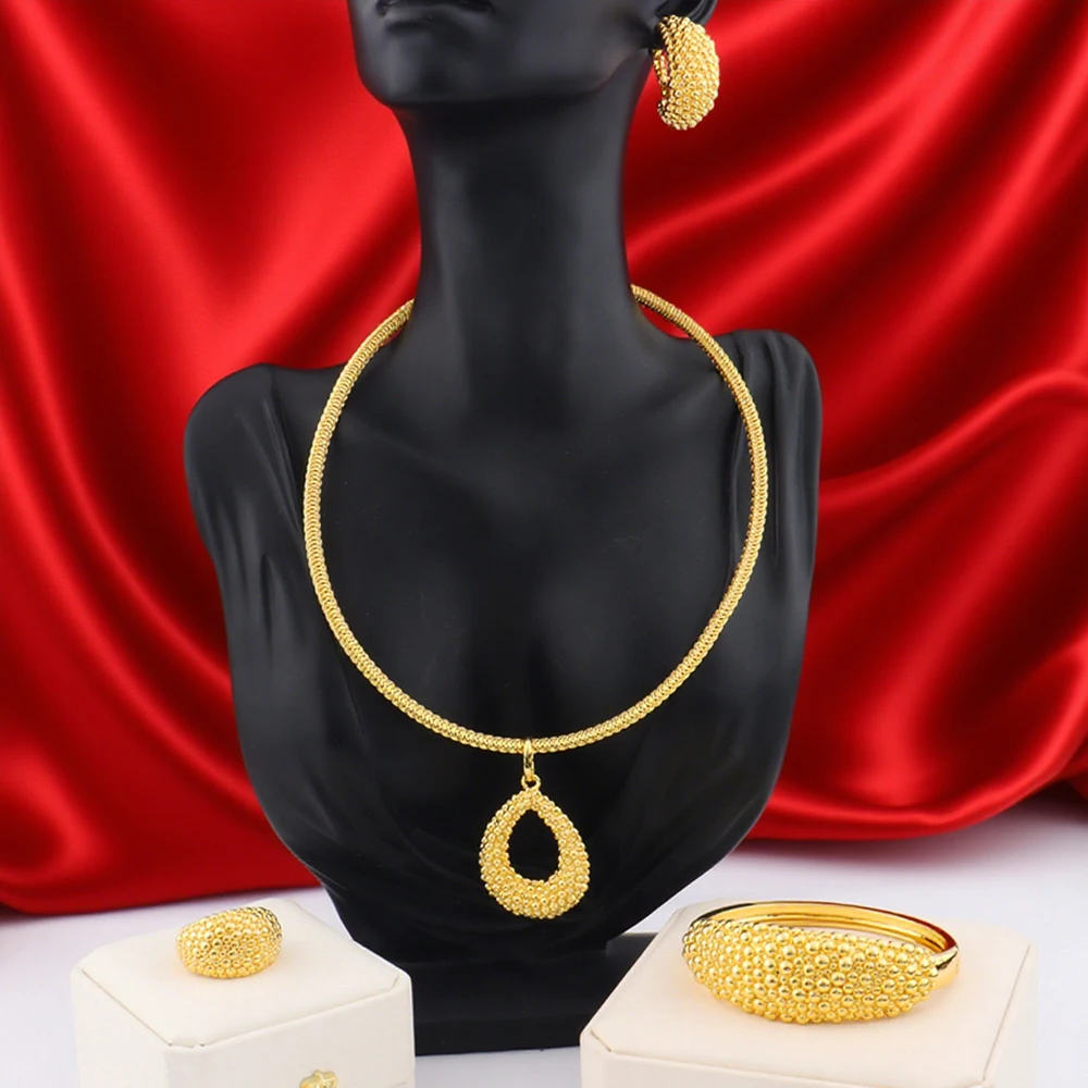 

Arab Luxury Gold Plated Bracelet Ring Earrings Necklace for Women Fashion Design Wedding Jewelry Gift