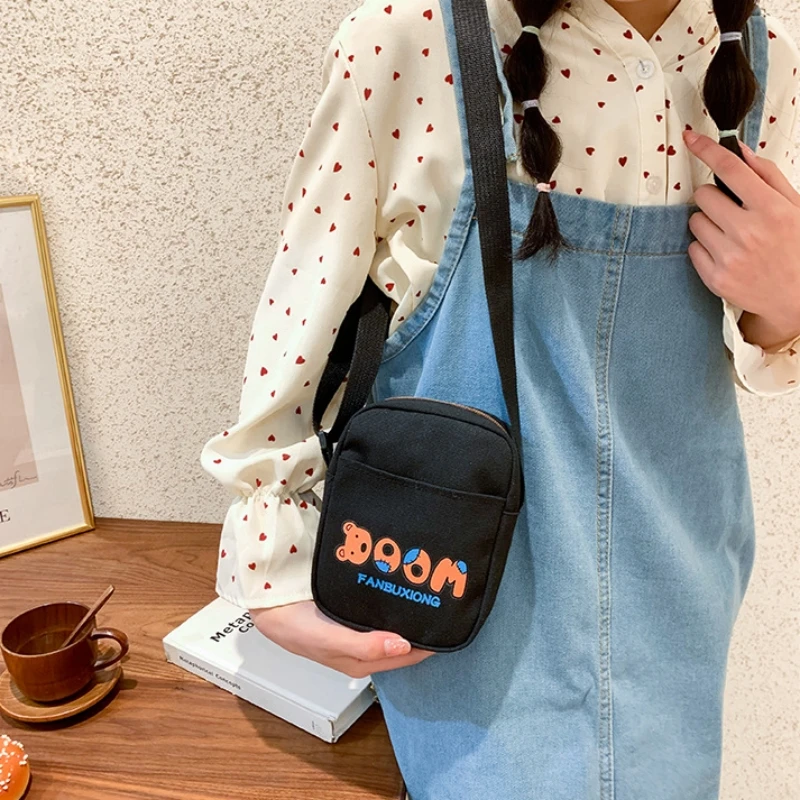

Cute Cartoon Bear Printed Canvas Shoulder Crossbody Bags Student Messenger Bag Girls Women Fashion Satchel Travel Phone Bag