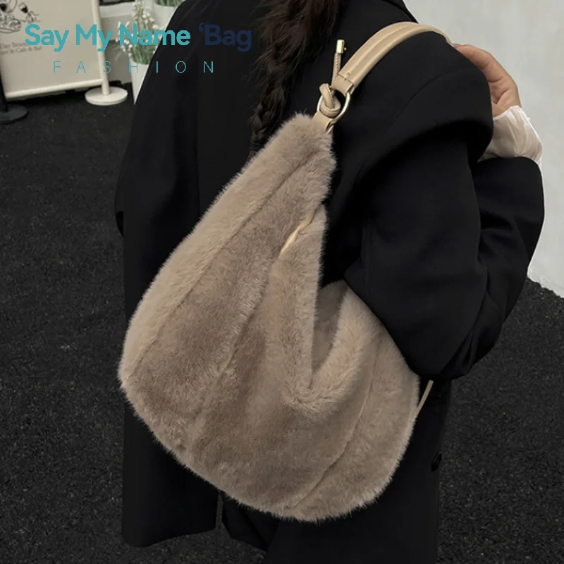 

﻿ Winter Soft Fuzzy Fabric Zipper Shoulder Bags Large Capacity Versatile Handbags High Quality Furry Sweet Women's Bags