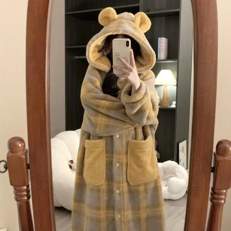 Lindo invierno grueso coral polar pijamas de mujer Otoño Invierno bata con capucha ropa de dormir cómoda nuevo modelo bata pijama ropa de casa