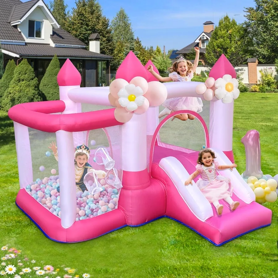 Casa da rimbalzo gonfiabileCasa da rimbalzo per interni rosa con pozzo di palline Casa gonfiabile da salto con scivolo per canestro da basket B