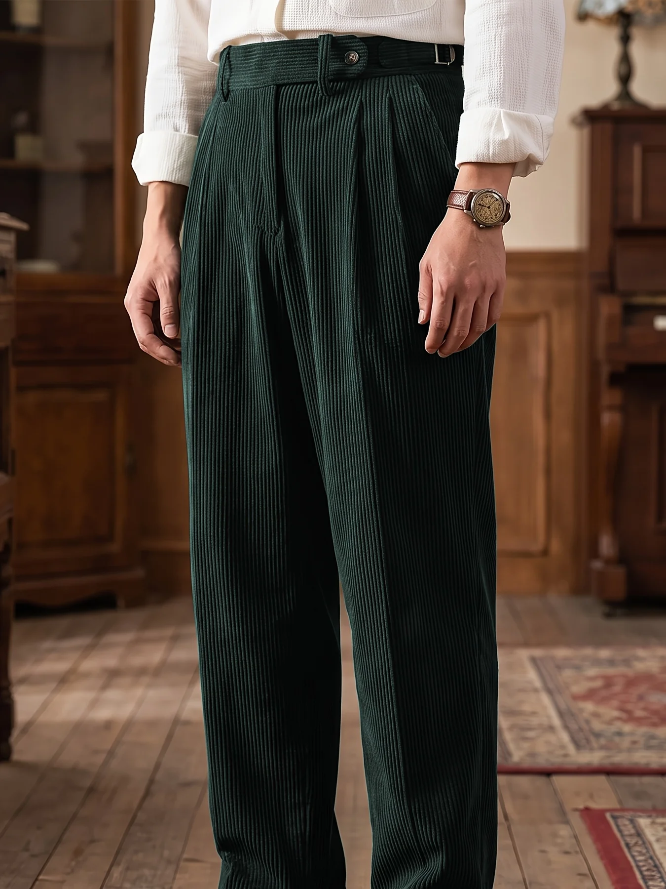 Classic Dark Green Corduroy Wide Leg Trousers with High Waist and Pleated Front Men Autumn Business Pants Customized M266570