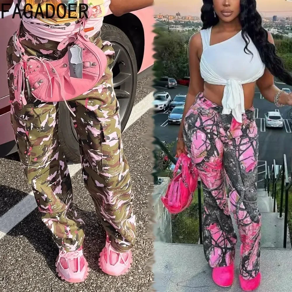 

FAGADOER Pink Camouflage Print Pants Women Y2K Streetwear Button Pocket patchwork Straight Pants Hot girl Bottoms 2025