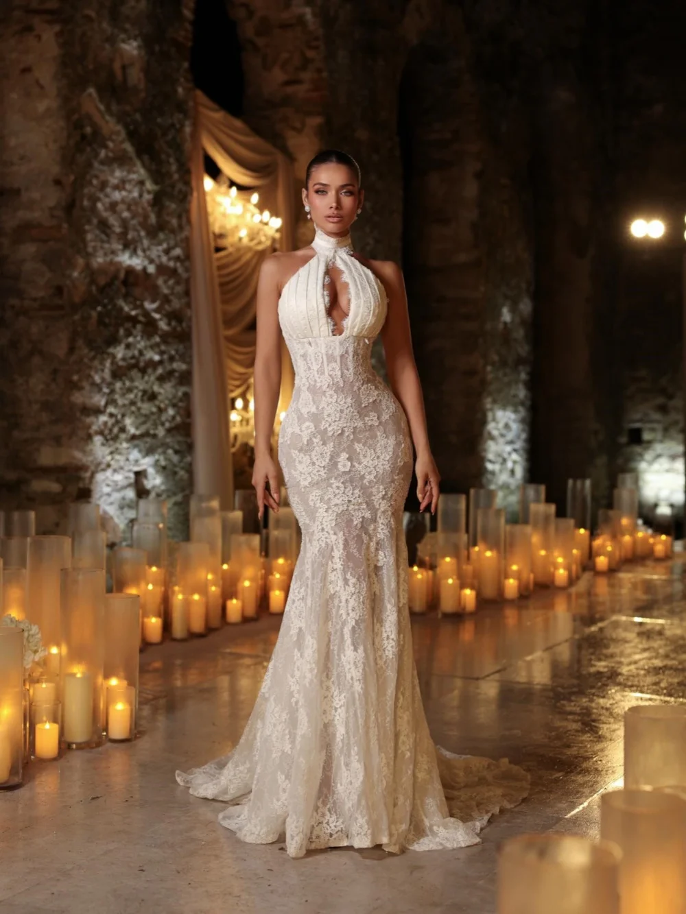 

2026 New Ivory Halter Lace Wedding Dress With Cape Dreamy Sleeveless Mermaid Long Bridal Gown Customized Dresses For Bride