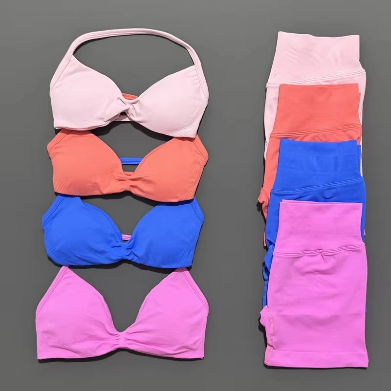 WHENG 2PCS Yoga Fitness Suit Women's Seamless Lace-Up Yoga Bra Top High Waist Workout Scratch Shorts Sports Suit Fitness Suit