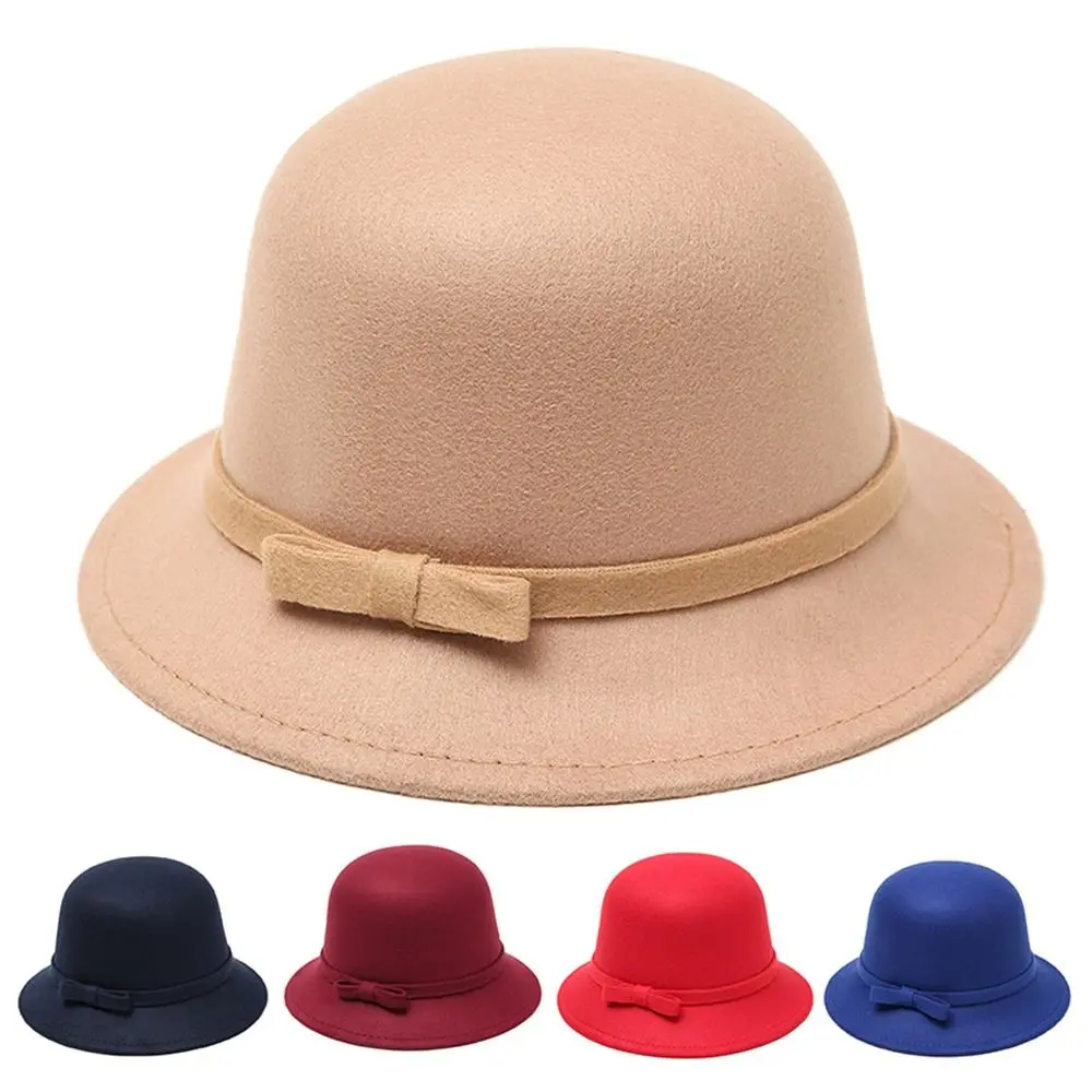 Women Autumn Winter Warm Hat Vintage Wool Felt Bucket Cap Retro Elegant Bowknot Church Bowler Cloche Cap Brim Bowler Fedora Hats