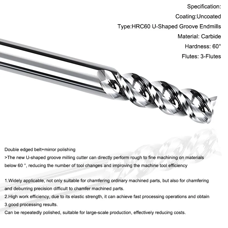AZZKOR HRC60 3-Flutes U-Shaped Groove Aluminium Tungsten Steel Milling Cutter 1.0mm-18.0mm For CNC Machining Flat End Mill Tools