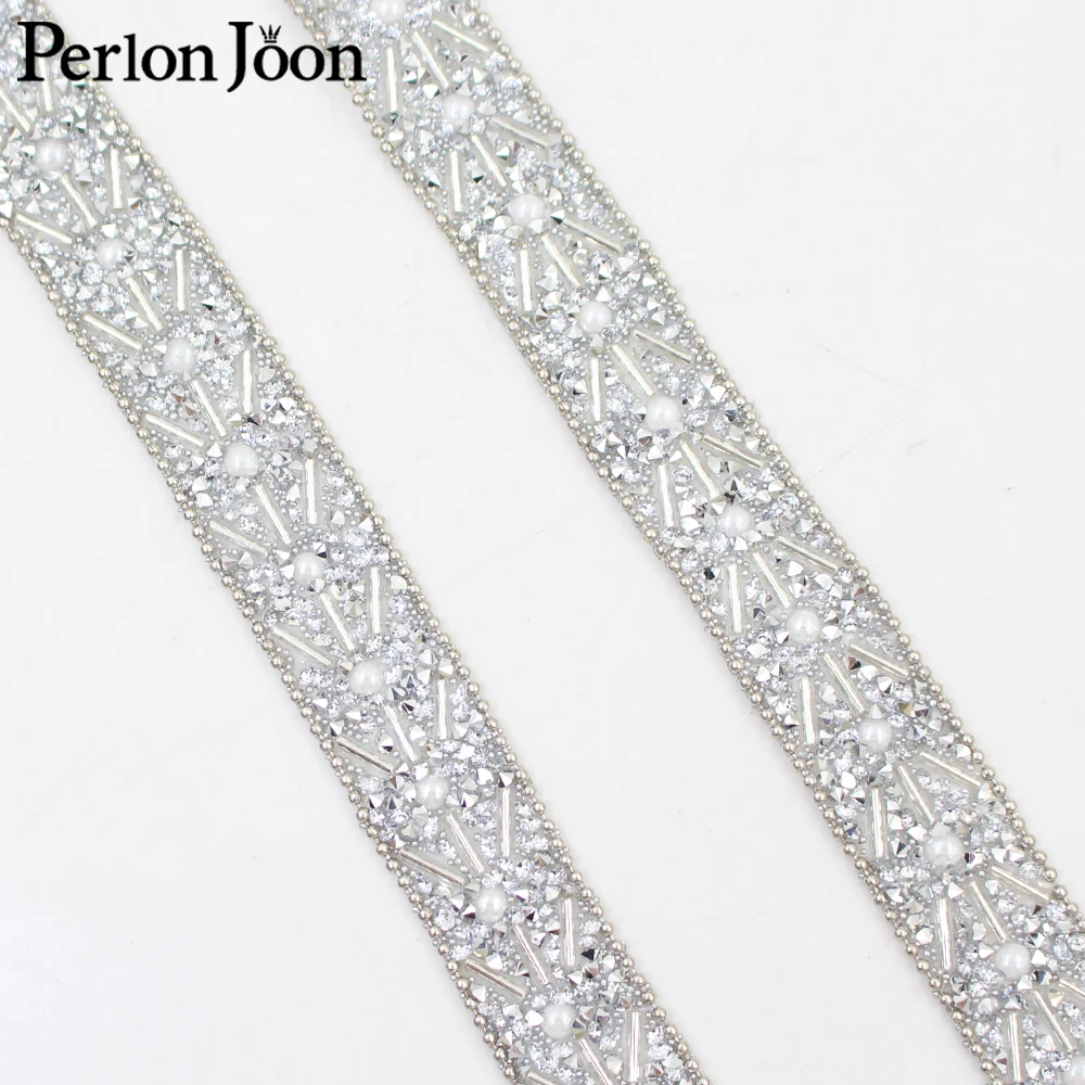 18mm silver pearl beads chain rhinestone trim tape hot fix craft crystal decoration iron on webbing clothing bags shoes TR167