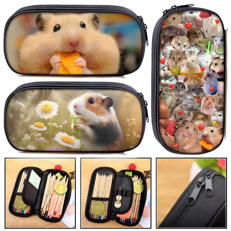 Cartoon Hamster Print Pencil Bag Women Cute Animals Cosmetic Cases For Teenager Pencil Box School Stationary Bags Supplies