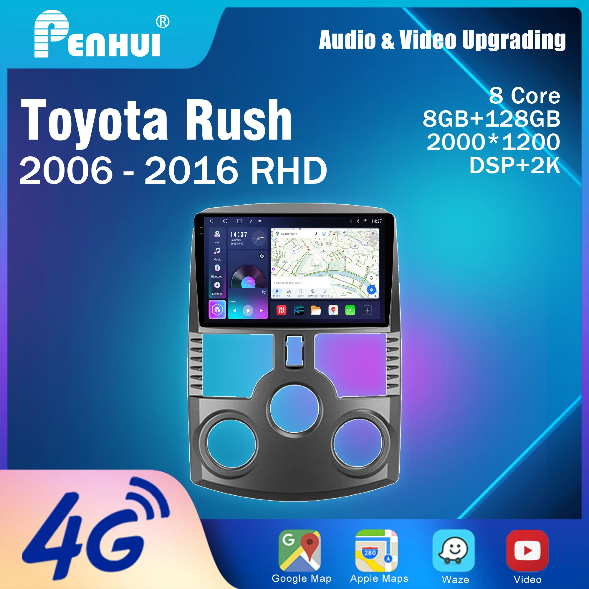Penhui Android Car DVD Player 2 Din for Toyota Rush 2006 - 2016 RHD Multimedia Screen with DSP, Bluetooth, Audio & CarPlay