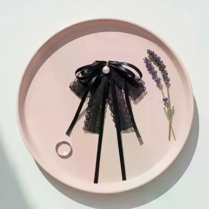 Fashion Black Lace Ribbon Bow Tie Pearl Pendant Brooch Women Shirt Collar Clothes Necktie Decoration Accessories