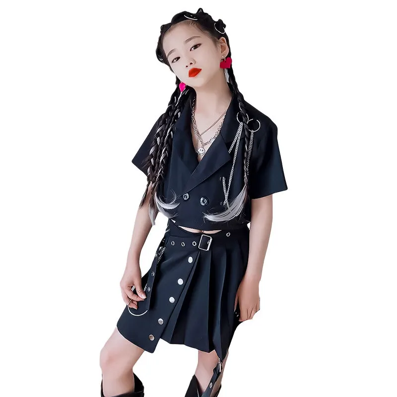 Young Girls Fashion Suits Short Sleeve Double-Breasted Blazer+Chain Skirt Black Cool Clothing Sets for Summer Performance Dance