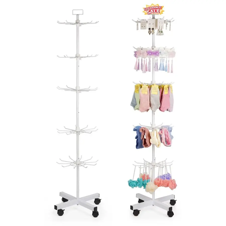 

5-ярусная металлическая вращающаяся витрина на колесиках, подставка для демонстрации брелоков, украшений, шапок, белая