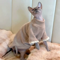 Khaki Fleece Coat for Cat Winter warm Lace floral Long Sleeves Sweatshirt for Sphynx Cat Sweet Soft Undercoat for Kittens Dogs