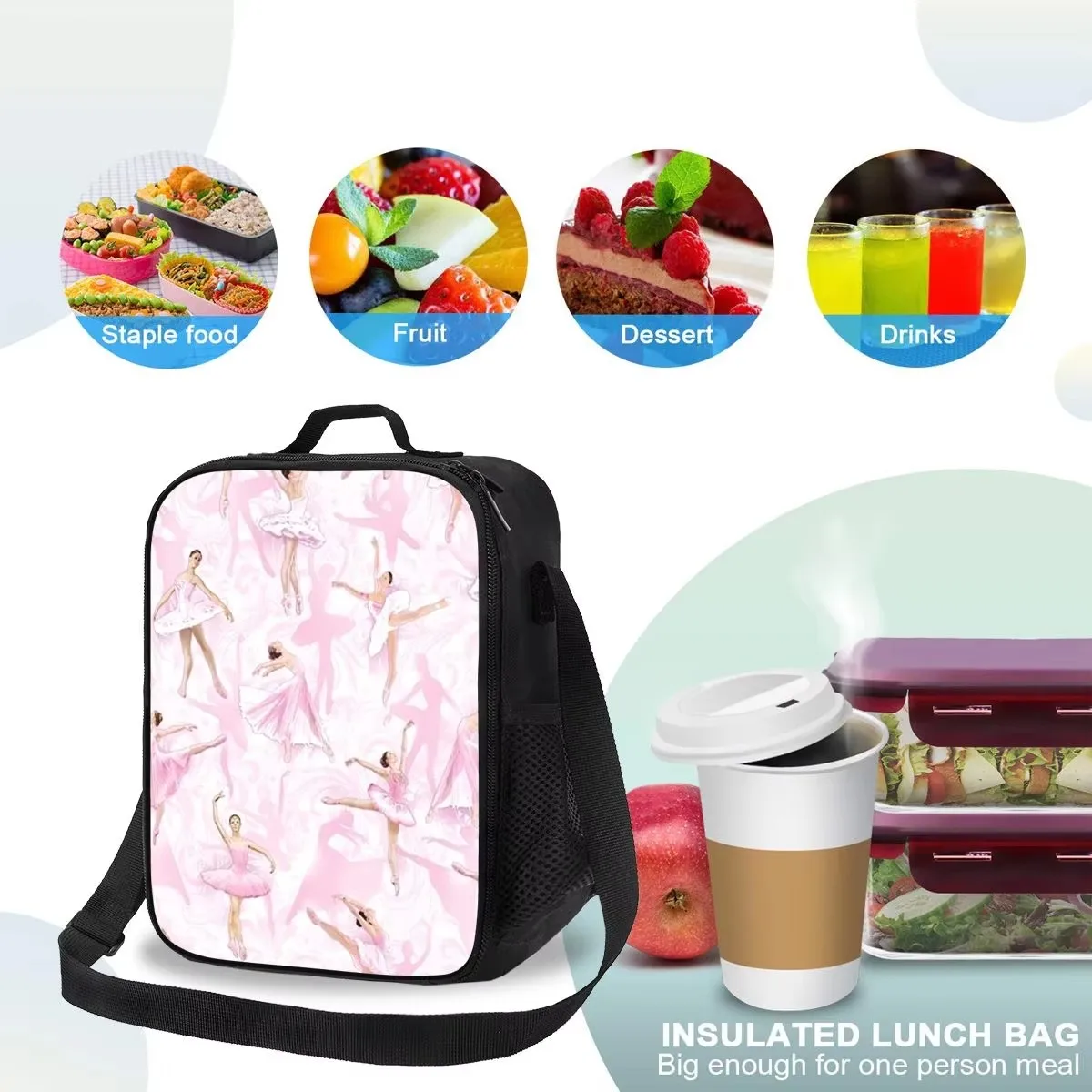 Ballerina Dancer Print Insulated Lunch Bag Reusable Picnic Cooler Tote for School Office