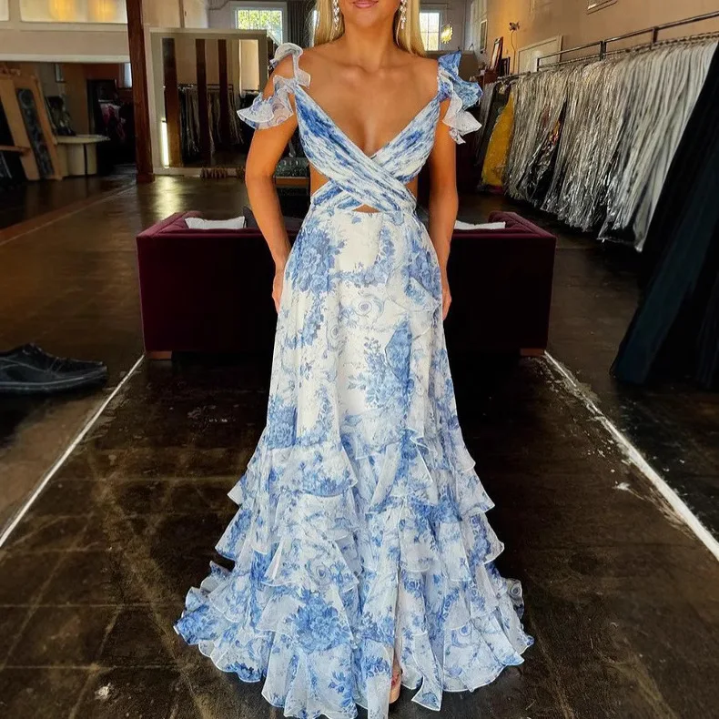 

Floral Print Cut-out V Neck Backless Maxi Evening Dresses with Slit White Blue Tiered Ruffle Vestidos De Noiva A-line Prom Gown