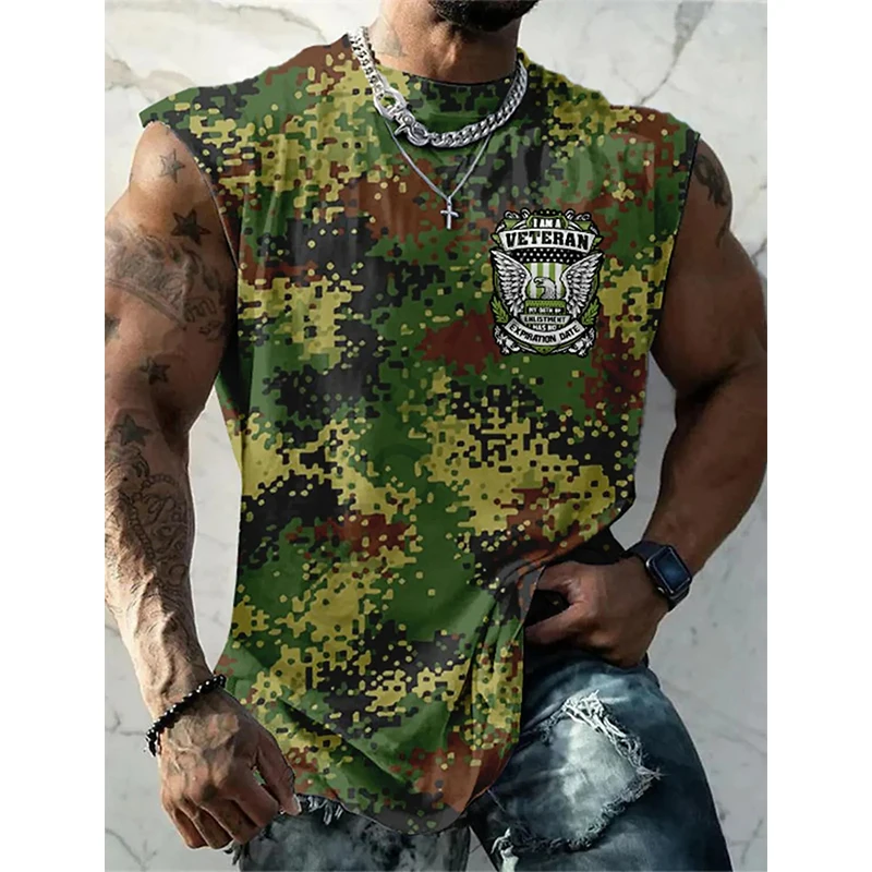 Military Style Men Tank Tops Camouflage Print O-Neck Sleeveless Oversized Summer Vests Vacation Fitness Casual Men Clothing