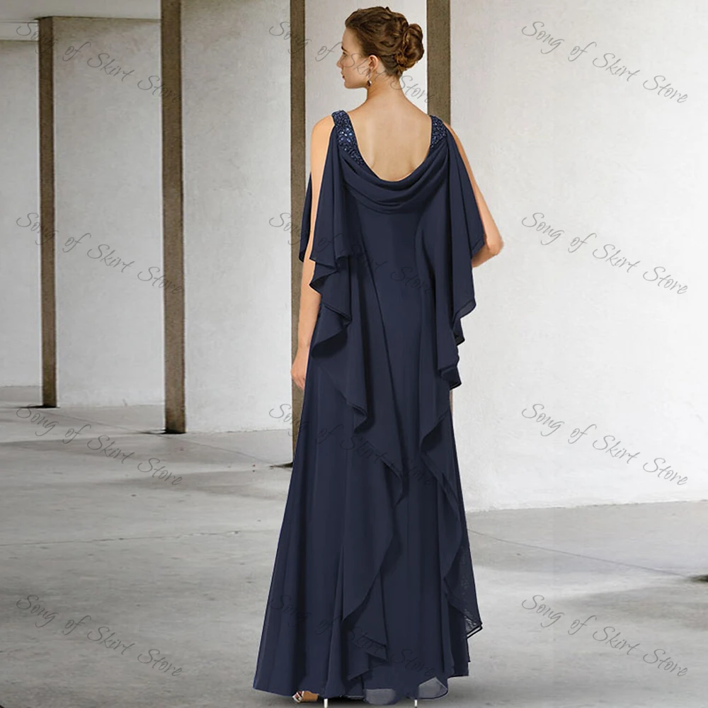 Customized  Navy Bule Chiffon Mother of the Bride Dress Simple A-Line Tiered Ruffles Sequined Ankle-Length Mom Gown Wed