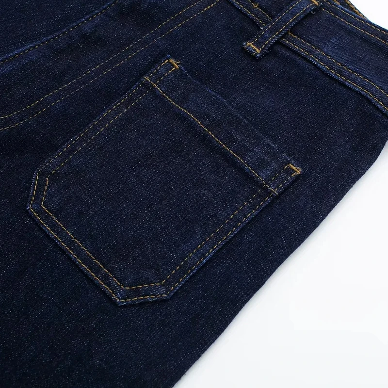 Casual Women\'s High Waist Straight-leg Jeans Pants Fashion All-match Denim Pants Button Zipper Jean Trousers Navy Pocket Bottoms