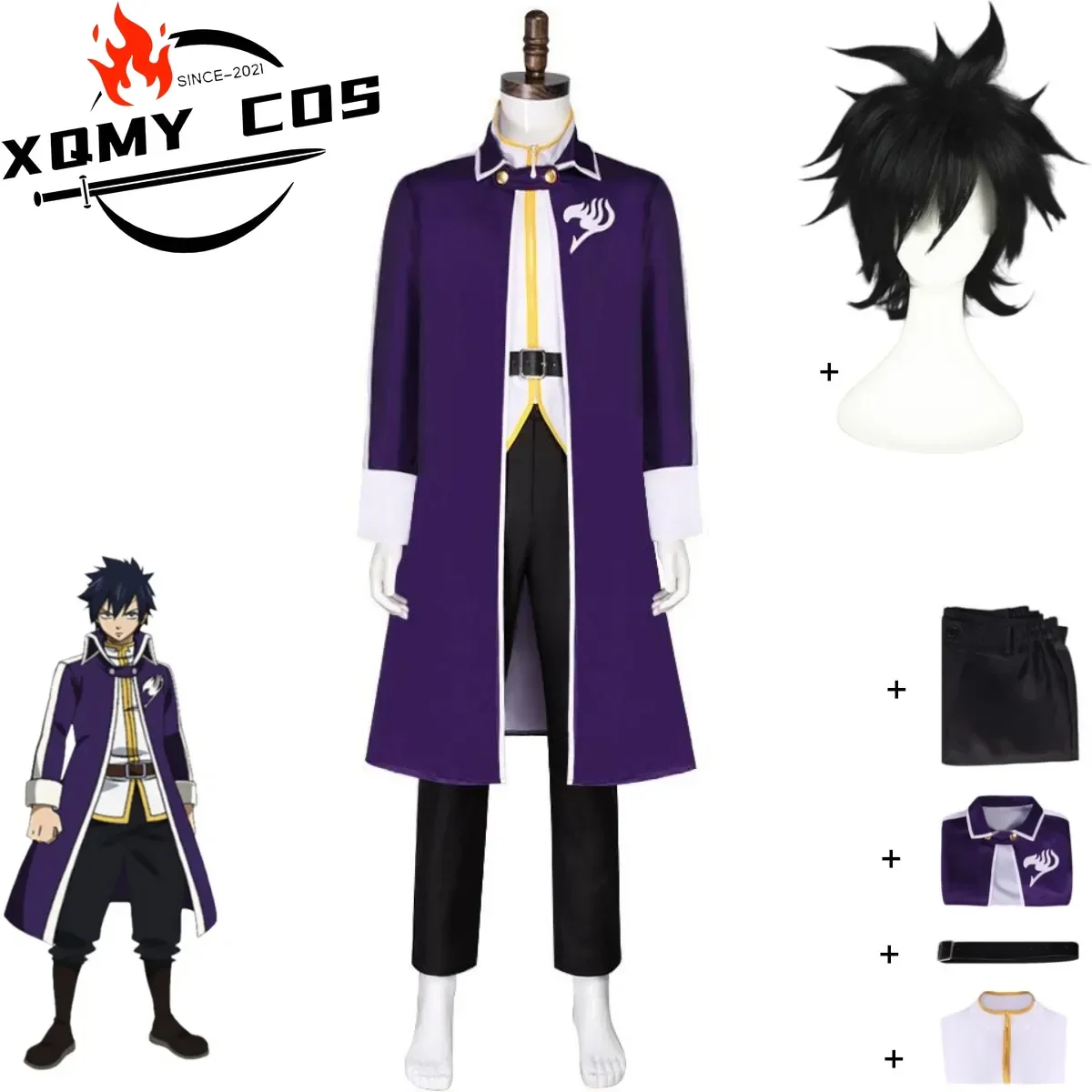

XqAnime FAIRY TAIL Gray Fullbuster Cosplay Costume Purple Long Coat T-shirt Combat Uniform Wig Adult Man Halloween Carnival Suit