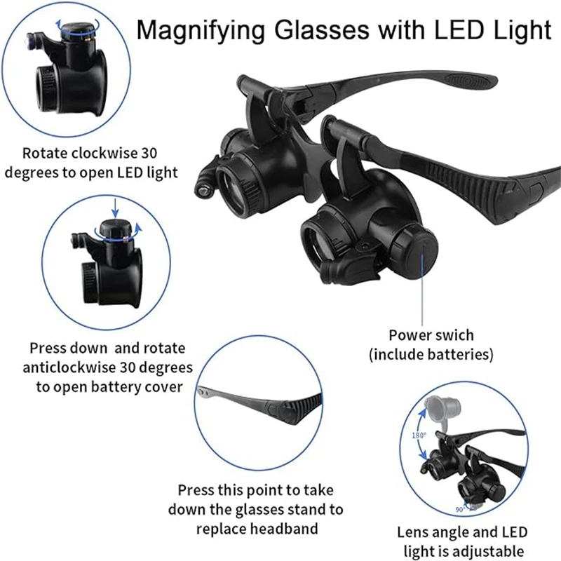 LED Light Magnifying Glasses Tattoo Jeweler Loupe Watch Repair Magnifier 8 Interchangeable Lens 8X/15X/23X Eyelash Extension