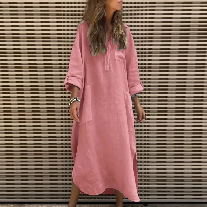 Autumn Spring Simple Blend Women Dress Long Sleeve Button Stand Collar Side Slit Long Dress Casual Solid Cotton Loose Maxi Dress