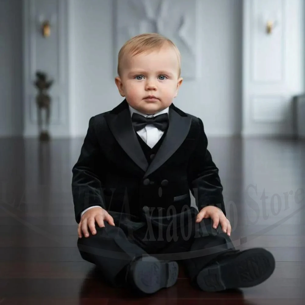 Baby Boys Velvet Suit Set with Black Peak Lapel Double Breasted Outfit Chic Wedding Baptism Birthday Party Tuxedo 3 Piece
