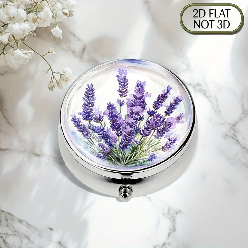 1 piece of flat, portable, round metal pill box with a lavender bouquet design, perfect for home decoration, car accessories, and unique gifts, suitable for celebrations, ideal for storing medication, vitamins, or small accessories, great for travel or as a thoughtful gift for a loved one