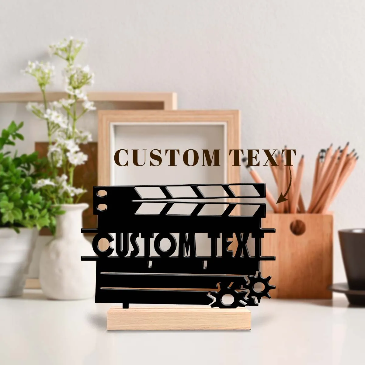 1pc Customizable Wrought Iron Desktop Decoration Custom Name With Wooden Base Holiday Decoration Gifts,Desktop Statue Ornaments