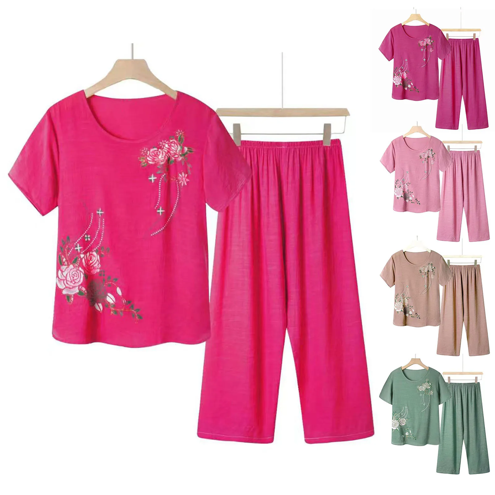 

Set Middle-Aged Elderly Mothers Two-Piece Top + Pants Women's Summer Clothes Small Shirt Grandma Loose Female Old Lady Suit