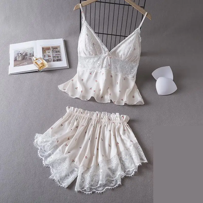 Summer New Strap Pajamas Set Women Lace Sleepwear Print Nightwear Intimate Lingerie Silky Satin Pyjamas Sleep Suit Homewear