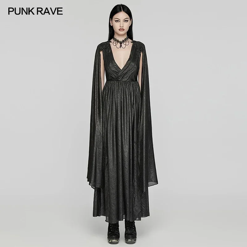 PUNK RAVE Women's Gothic Large V-neck 3D Fly Edge Design Printed Chiffon Dress Light Elegant Party Club Cape Sleeve Long Dresses