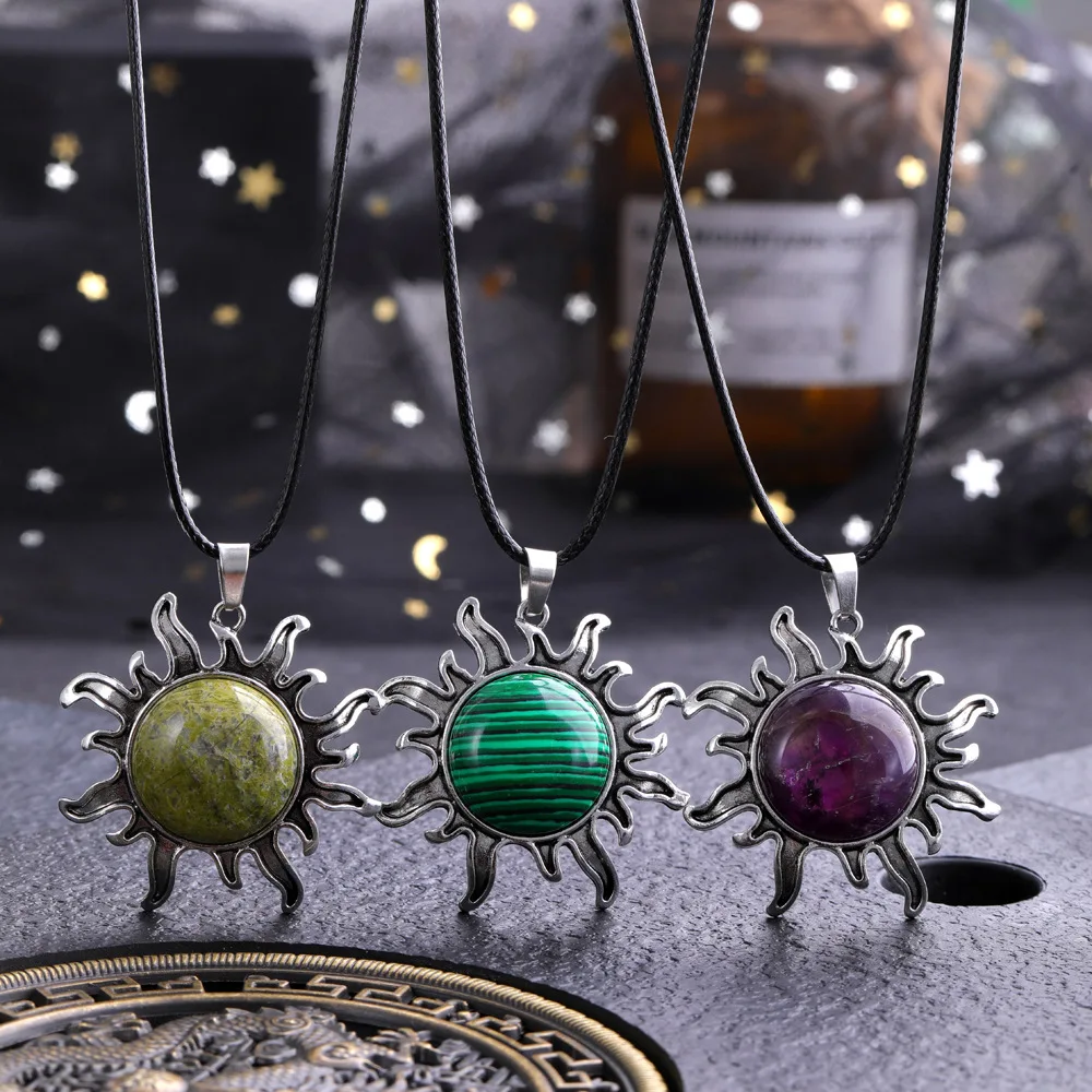 Fashion Natural Gem Stone Quartz Crystal Tiger-eye Plated Silver Alloy Sun Pendant Jewelry Making Accessories Sun Necklace Gift