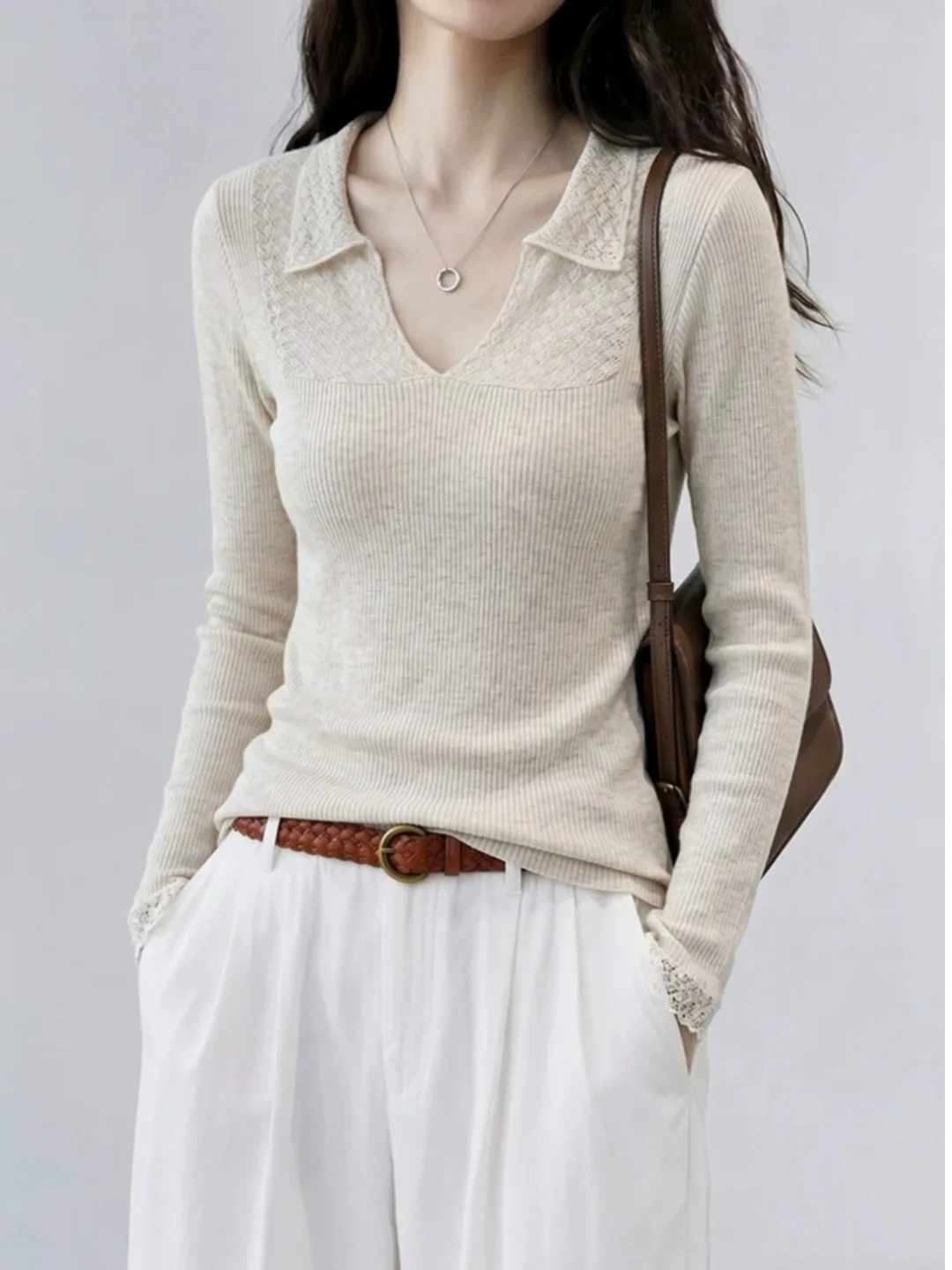 Korean Style Lace Splice V-neck Knitted Slim Fit Women's Base Shirt Autumn  Neck High-grade Sensation Sweater Inner Wear Top