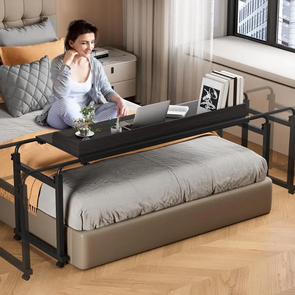 Overbed Table, 120x40CM Height Adjustable Bed Desk With Wheels, Carbon Steel Rolling Over-the-Bed Laptop Desk With Raised Baffle