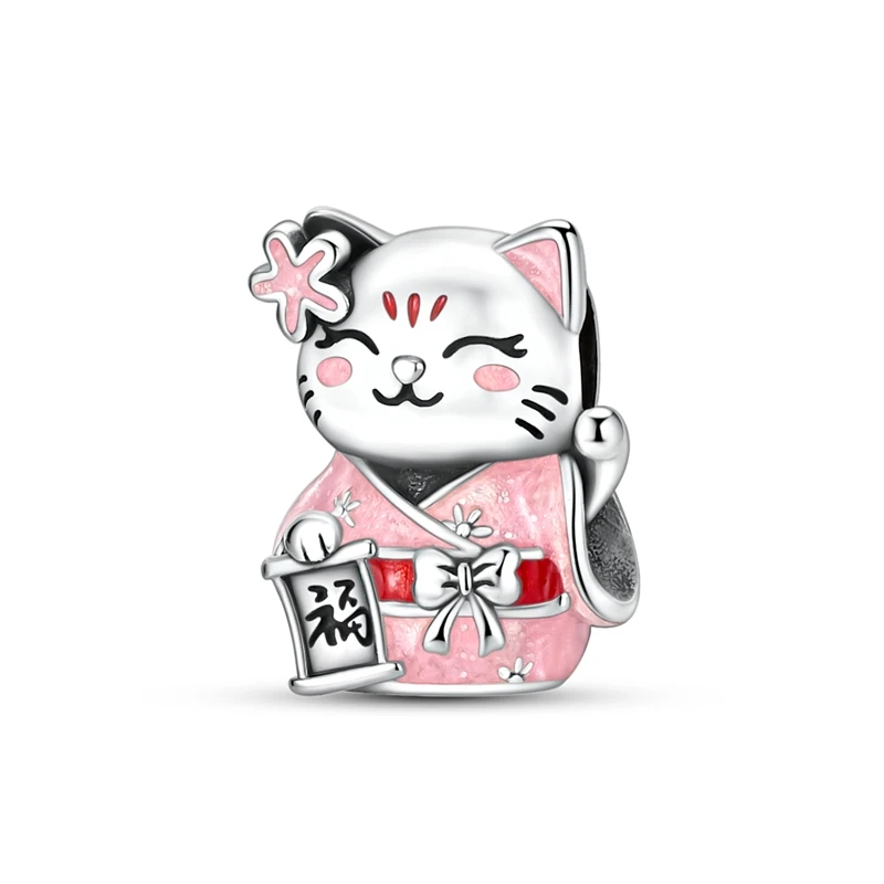Pingente de Prata Esterlina 925 com Zircônia Cúbica, Estilo Quimono Maneki-neko, para Pulseira Original, Joia Feminina DIY, Presente
