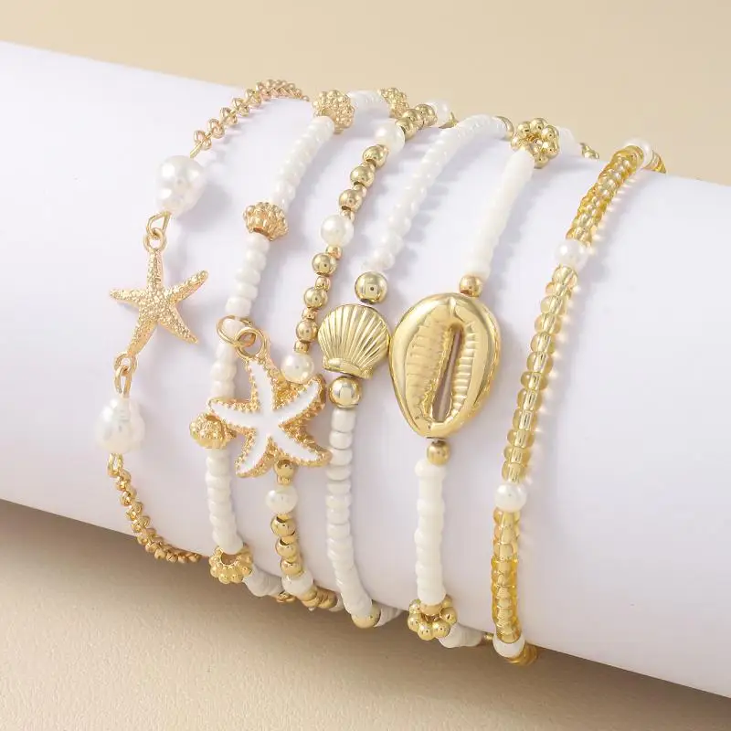 6PCS Bohemian Shell Starfish Bead Bracelet Set For Women Fashion Summer Beach Multilayer Stacked Pearl Bracelets Party Jewelry