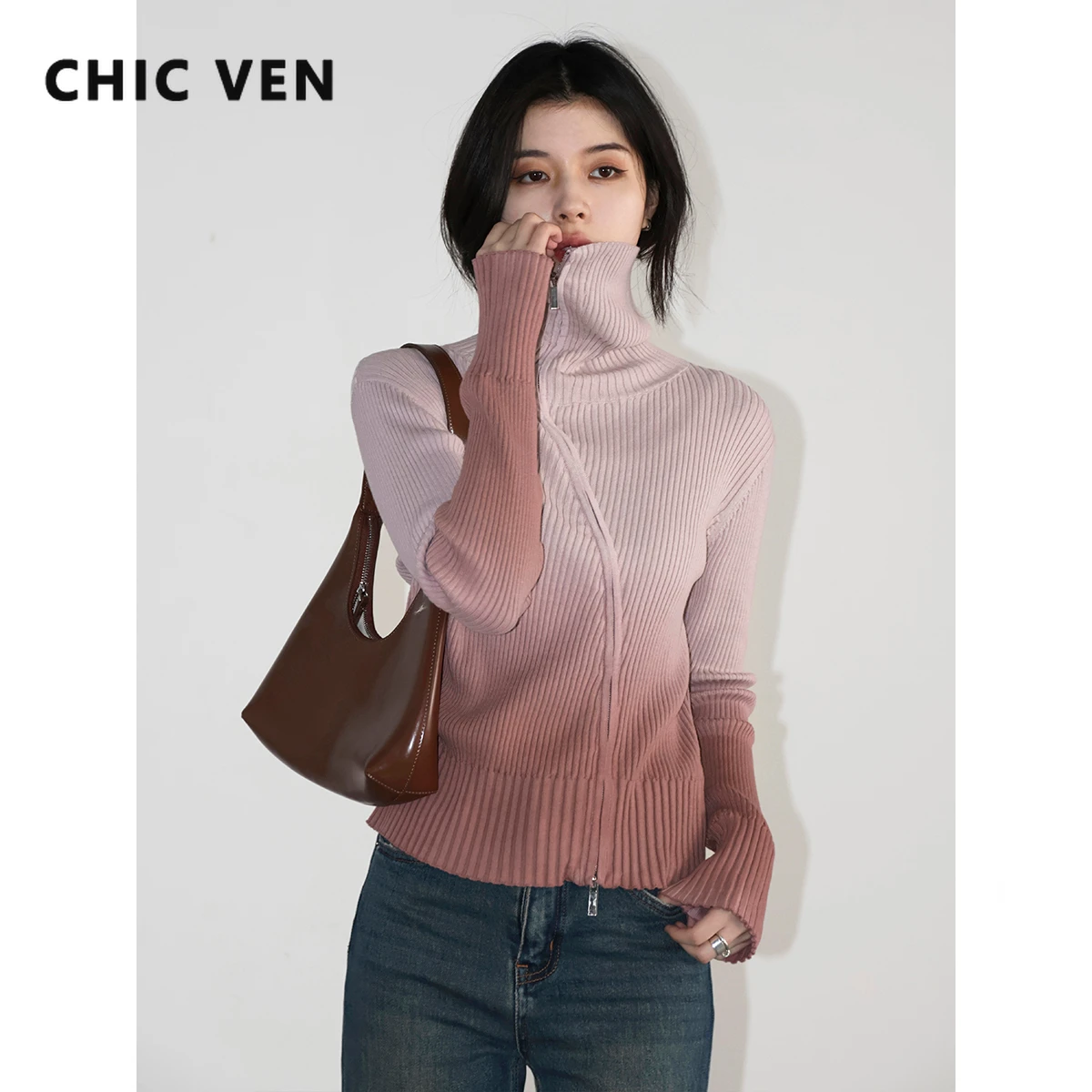 CHIC VEN Women Cardigan New Stand Up Cotton Gradient Zipper Design Sweater Female Knitted Jumpers Spring Autumn 2024